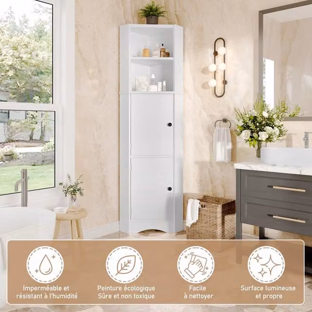 Armadietto angolare per bagno Minimal bianco lucido con ripiani regolabili e ante a battente – 1