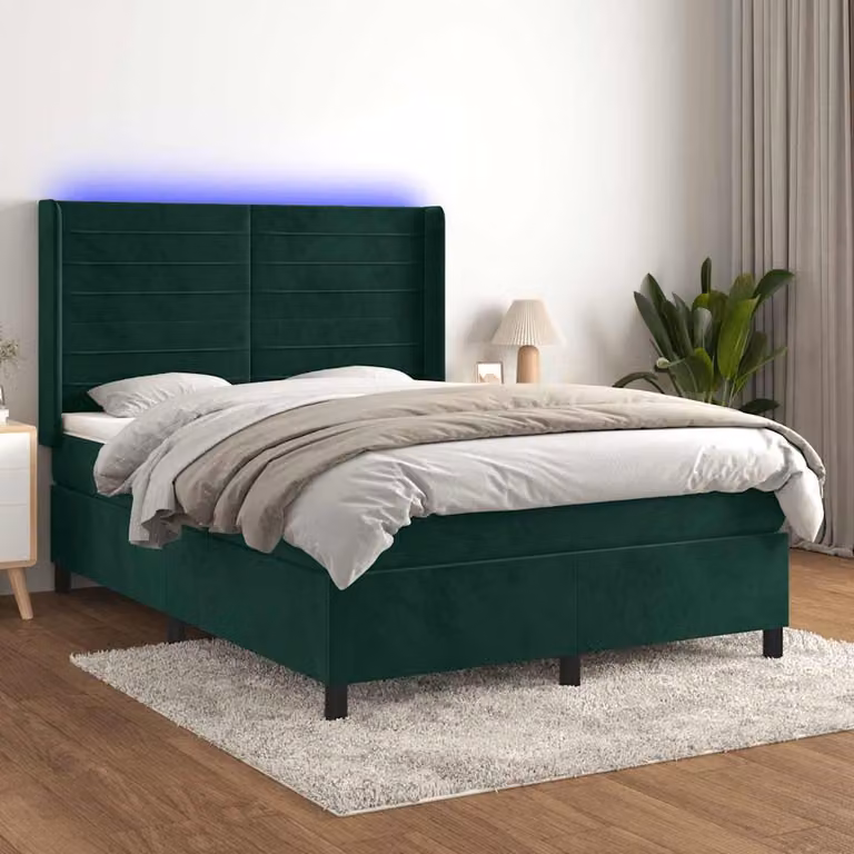 Letto Ibrido con Materasso a Molle a Tasche vidaXL in Velluto Verde Scuro con Illuminazione LED e Porte USB L/P: 140 x 200 cm