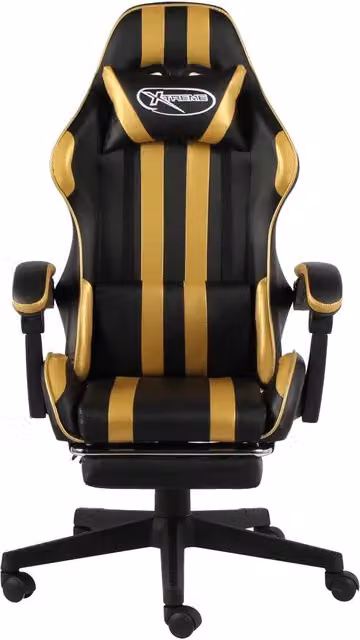 Sedia da Gaming vidaXL in Similpelle con Poggiapiedi, Colore Nero e Oro, con Supporto Cervicale e Ruote, Girevole a 360 Gradi