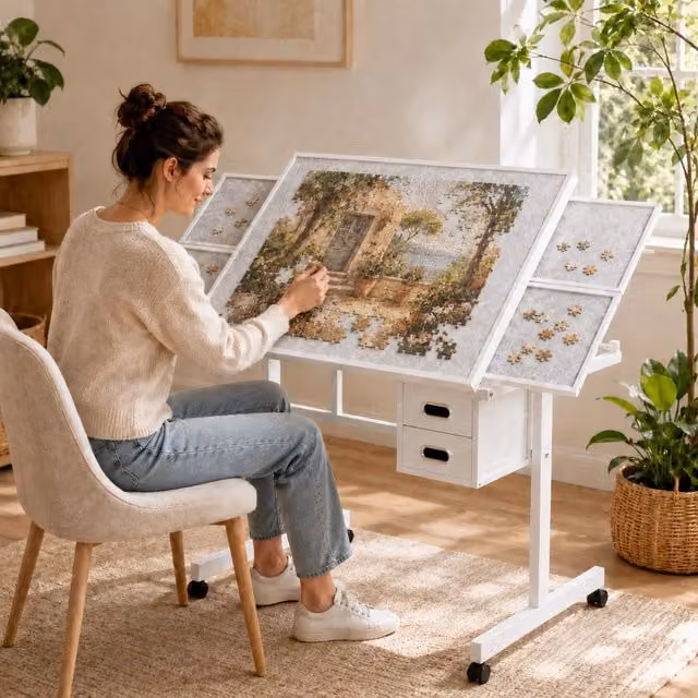 Puzzle 1000 pezzi in metallo con tavolo, 4 vassoi e 2 cassetti, bianco, per adulti