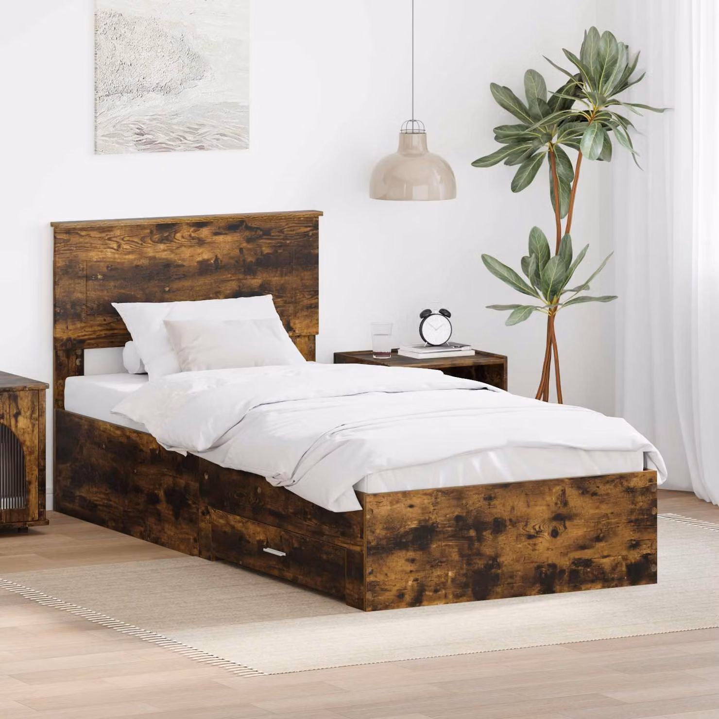 Struttura del letto moderna vidaXL in legno e MDF color rovere fumé con cassetti, L 100 cm x P 200 cm x H 90 cm – 1