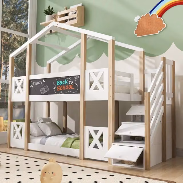 Letto a castello per bambini - Zephmum- 90x200 cm- Natur & Wei?- Con scala, spazio di archiviazione e protezione anti caduta