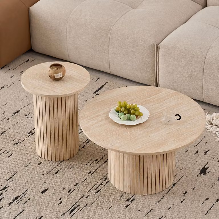 Tavolini rotondi in legno - Set di 2 tavolini - Design scandinavo - Stile moderno - Salvaspazio - Per soggiorno/camera da letto - Finitura in legno giallo-marrone