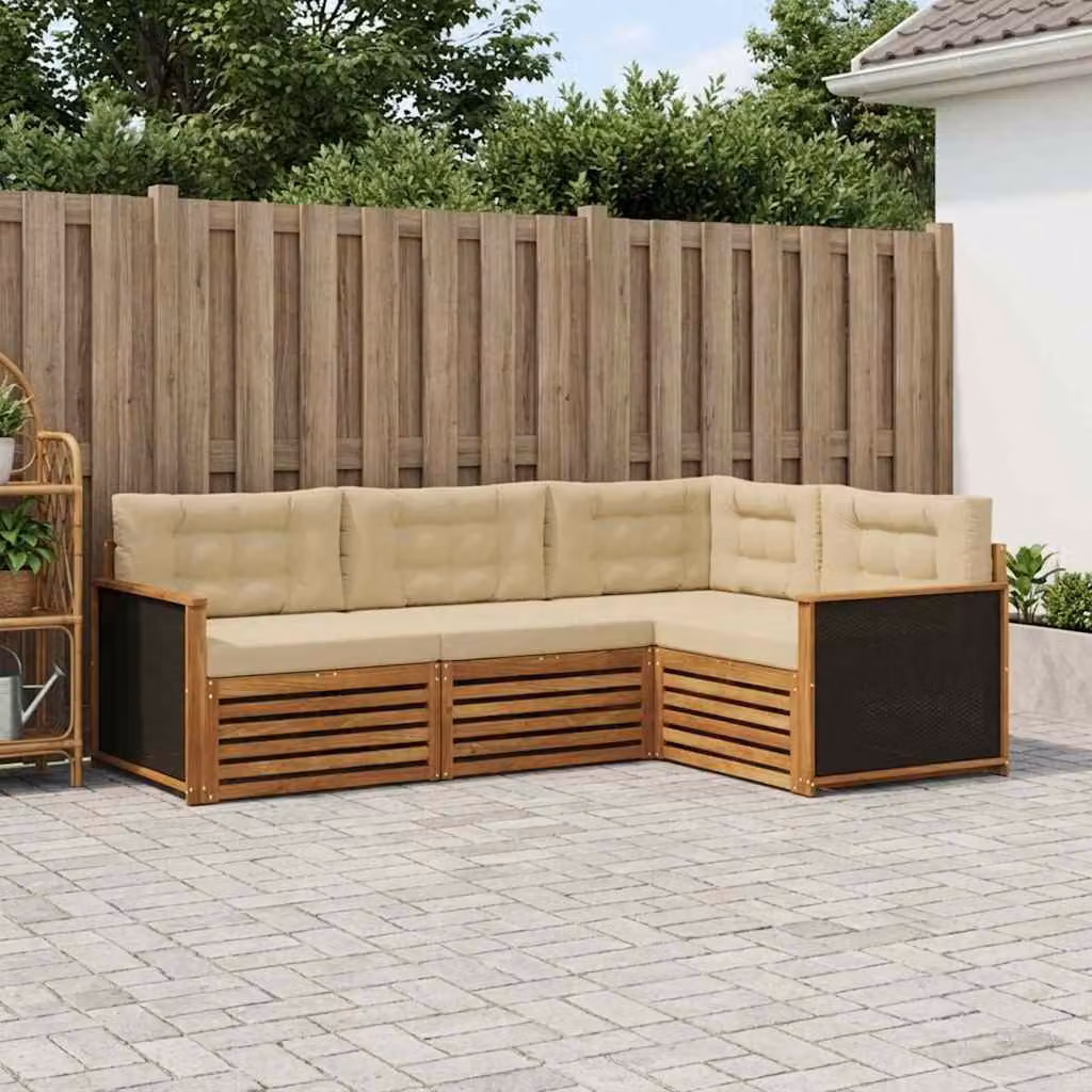 Set di divani da esterno vidaXL 4 pz a forma di L in legno di acacia con cuscini beige e marrone