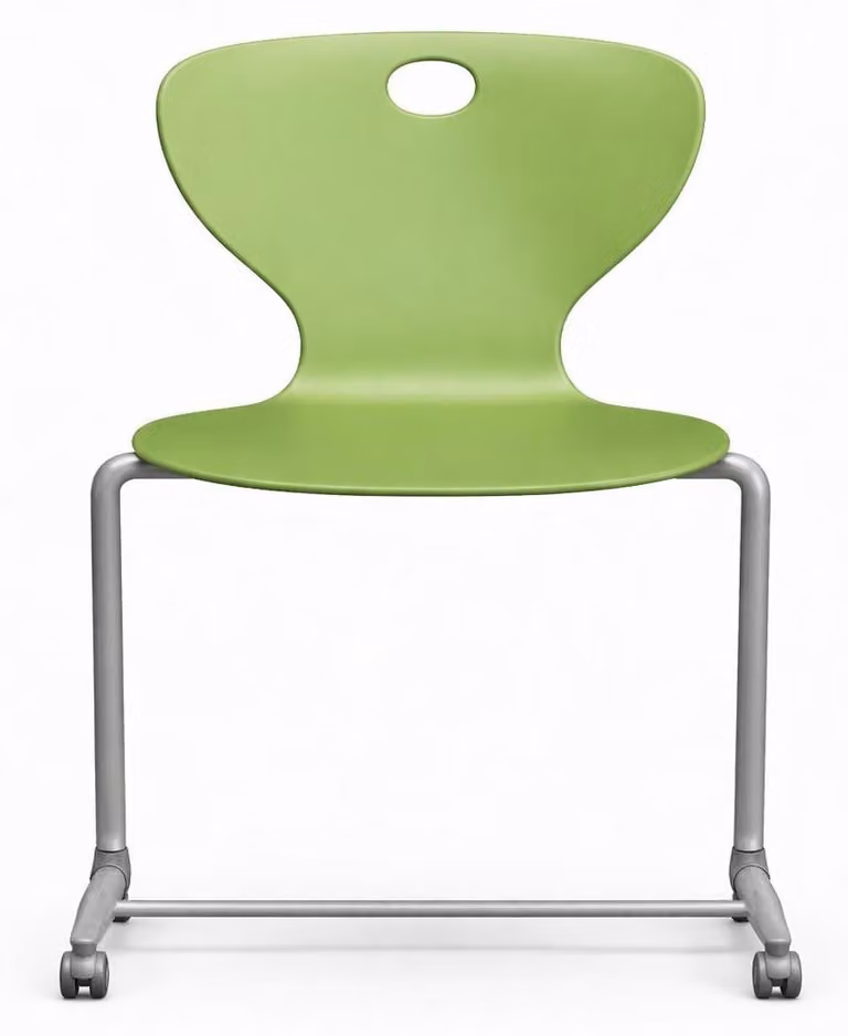 Moderna sedia da scuola verde con rotelle e robusta struttura in metallo