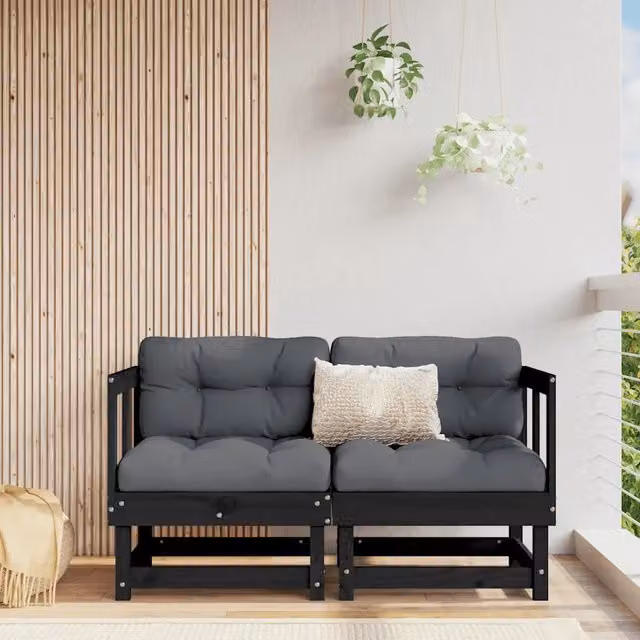 Divano Angolare da Giardino vidaXL in Legno di Pino Nero con Cuscini, Colore Antracite/Grigio/Nero – 1