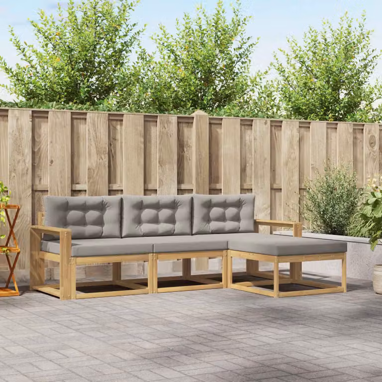 Set di divani da esterno vidaXL a forma di L con pouf, struttura in legno di acacia e cuscini inclusi, Bianco e Grigio