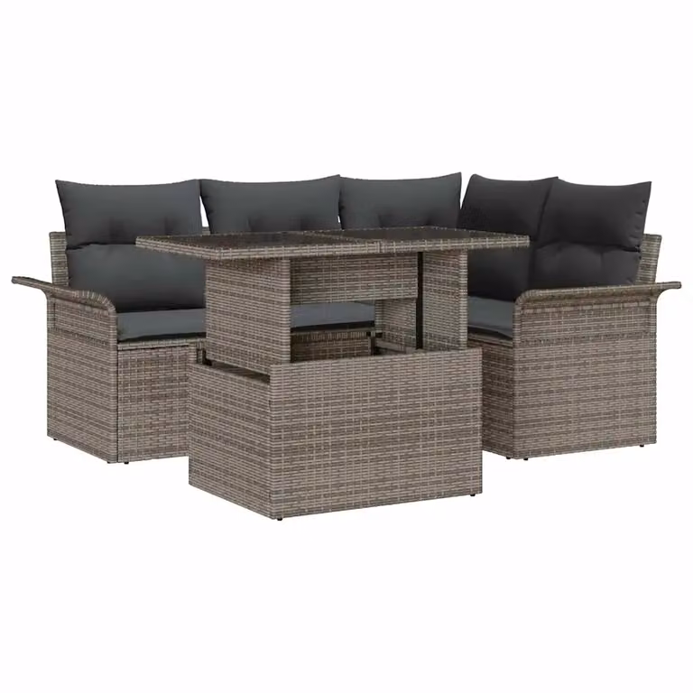 Set Divano da Giardino vidaXL 5 Pezzi Grigio con Cuscini e Tavolino in Vetro e Struttura in Acciaio