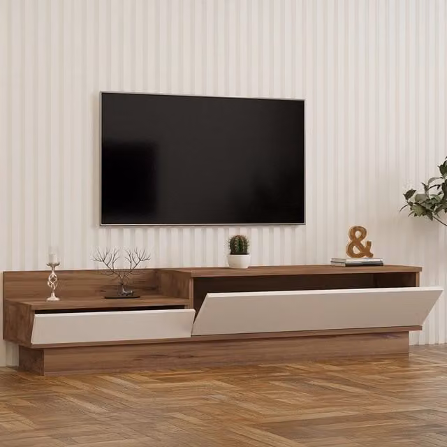 Mobile porta TV Persico DMORA con 2 ante, design moderno, colore bianco e legno rovere, L 160 cm x P 35 cm x H 35 cm