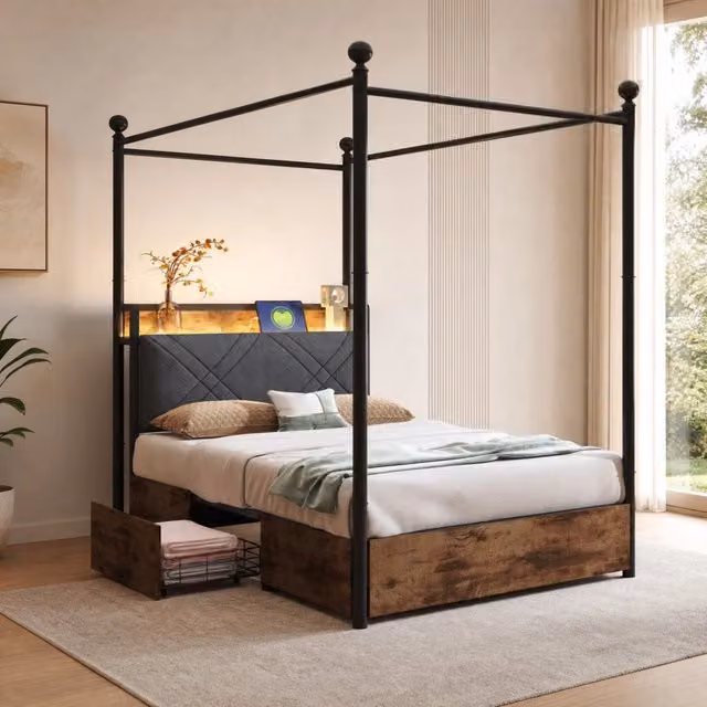 Letto multifunzionale in ferro 90x190 cm nero con baldacchino removibile; LED; USB/Type-C e 2 cestelli