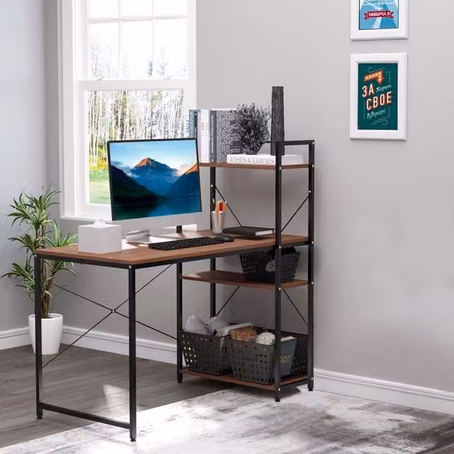 Scrivania angolare con libreria Xylo in legno e metallo, colore marrone e nero, L: 121 cm, P: 64 cm, H: 40 cm