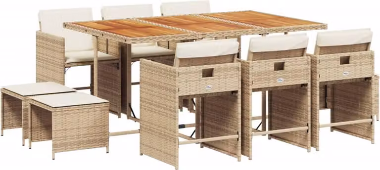 Set da Pranzo da Giardino 11 pz con Cuscini Beige in Polyrattan