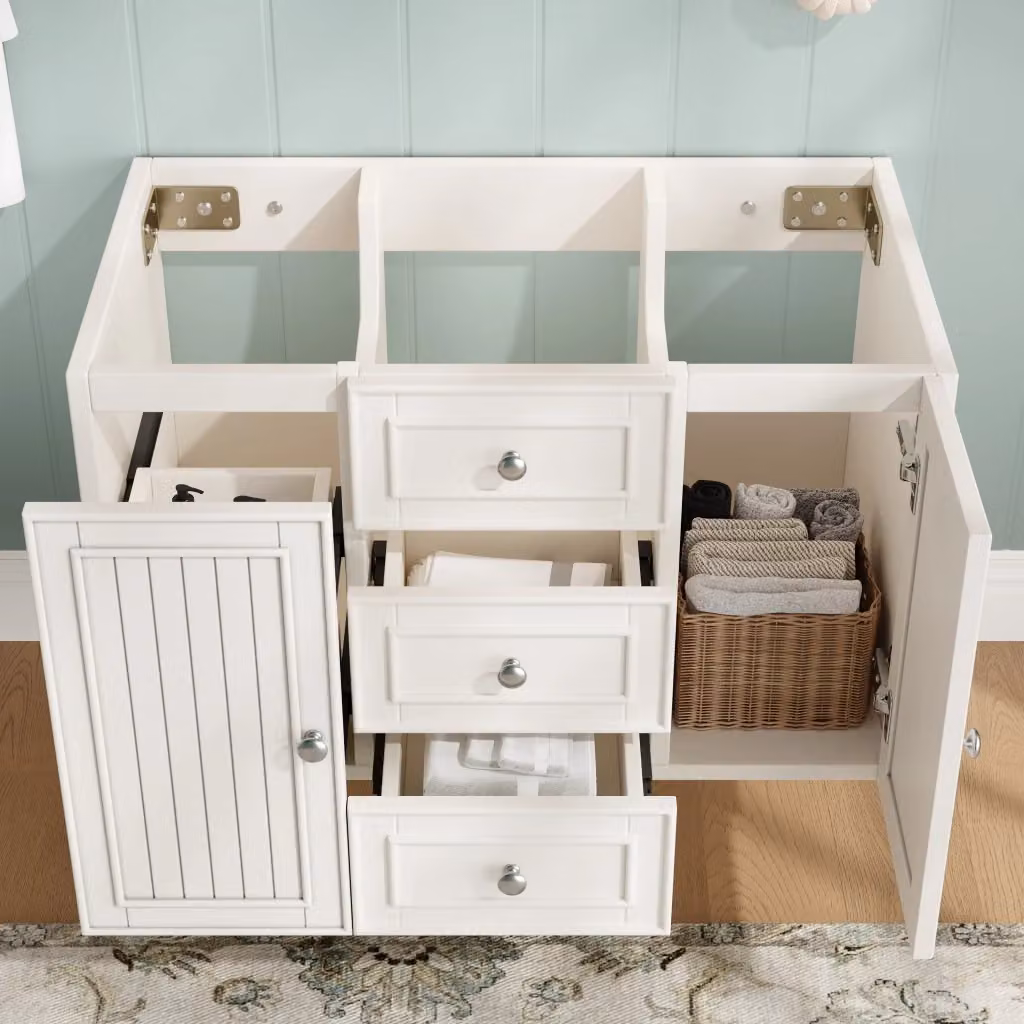 Mobile sottolavabo sospeso OKWISH per bagno moderno bianco con 3 cassetti e vano contenitore L: 78,5 cm, P: 46 cm, H: 46,8 cm – 2