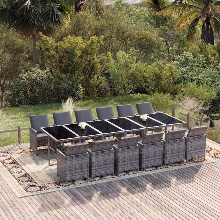 Set da Pranzo per Giardino vidaXL 13 pz in Polyrattan Grigio e Nero con Piano in Vetro