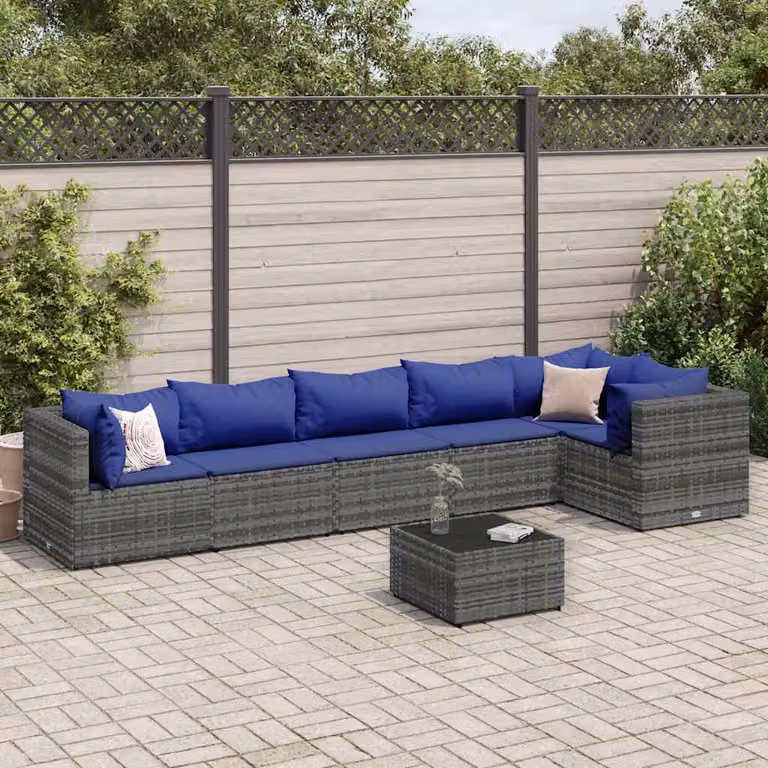 Set Divani da Giardino vidaXL 7 pz con Tavolino e Cuscini Blu e Grigio in Polyrattan e Acciaio
