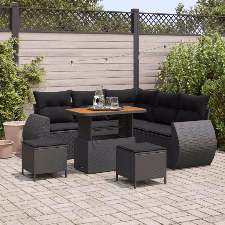 Set Divano da Giardino vidaXL a L con 8 Pezzi, Nero, Polyrattan e Struttura in Acciaio con Cuscini Inclusi