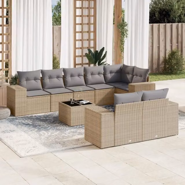 Set Divano da Giardino 9 pz con Cuscini Beige in Polyrattan 3222828