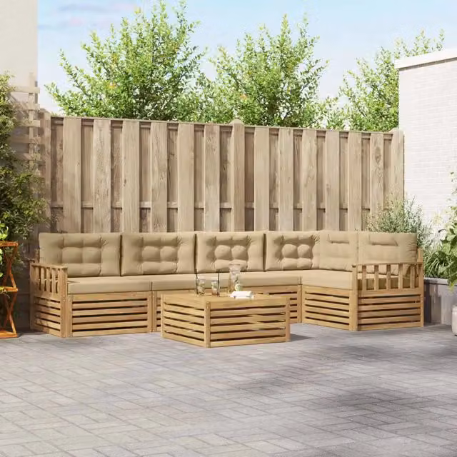 Set di divani da esterno a L con tavolino vidaXL in legno di acacia e tessuto bianco e beige – 1