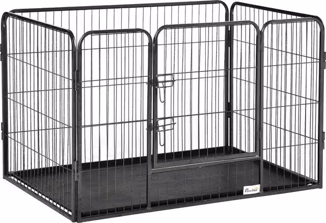 Recinzione per cani PawHut in metallo con 4 pannelli, porta con doppio blocco e vassoio, Grigio Aosom, L 109 cm x P 74 cm x H 71 cm