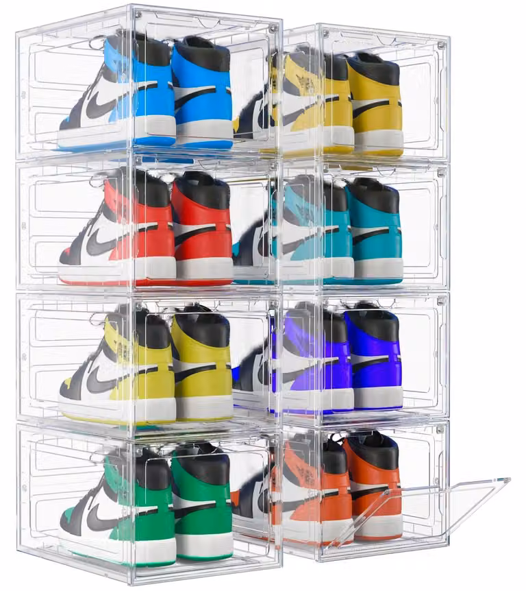 Scatola per scarpe impilabile trasparente - Set da 8 - 34,5 x 27 x 19 cm - Ventilata con chiusura magnetica - Per scarpe da uomo fino a UK 12,5