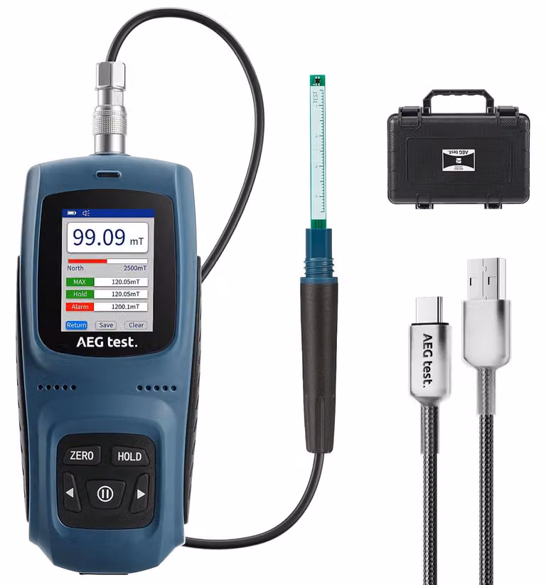 Misuratore di campo magnetico da 0 a 2500 mT, con precisione di ±5%, ricaricabile e dotato di data logger