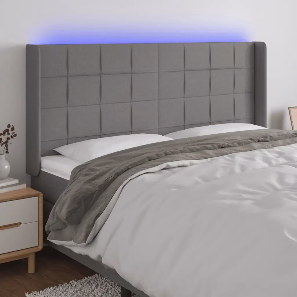 Testata del letto moderna con illuminazione LED e porta di ricarica USB in tessuto grigio, L: 163 cm, P: 16 cm, H: 118/128 cm – 2