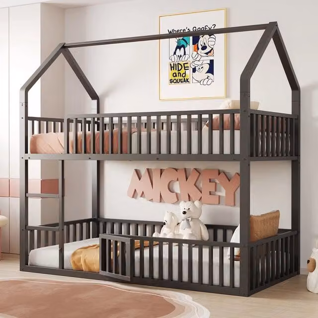 Letto a Castello per Bambini con Scala e Porta ¨C MINIMAL ¨C Metallo Nero 90x200