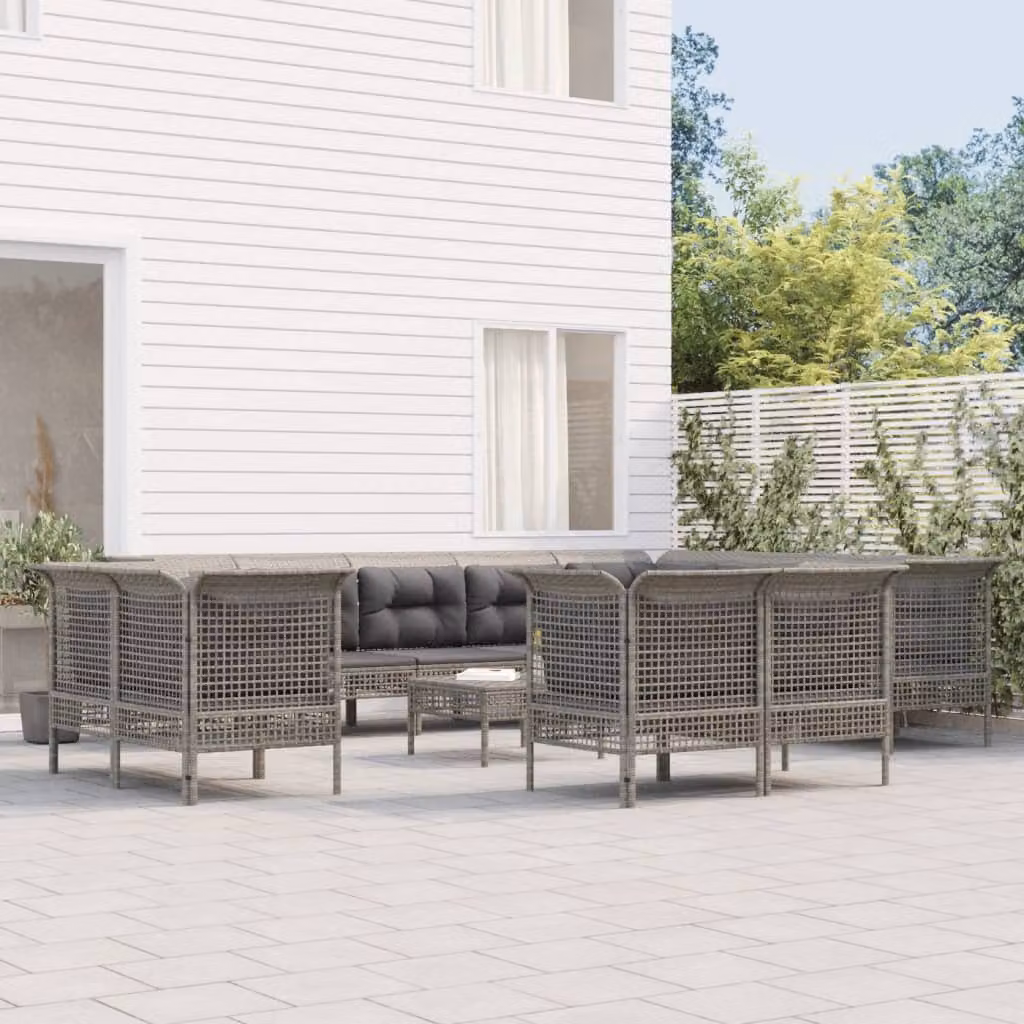 Set di divani da giardino vidaXL 13 pezzi con cuscini in polyrattan e struttura in metallo grigio con pouf e configurazione a U