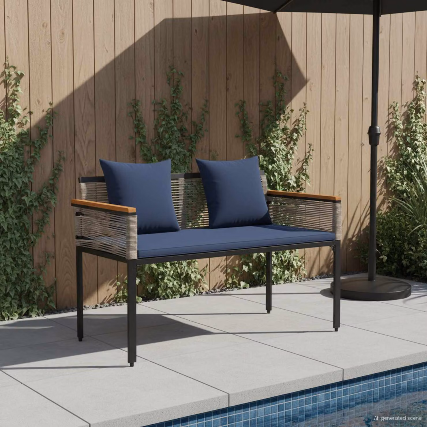 Panchina da esterno a 2 posti vidaXL in polyrattan con cuscini, L: 117 cm, P: 54 cm, H: 74.5 cm