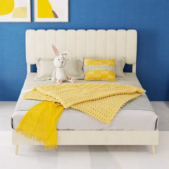 letto imbottito tessuto metallo beige 140 x 200 cm