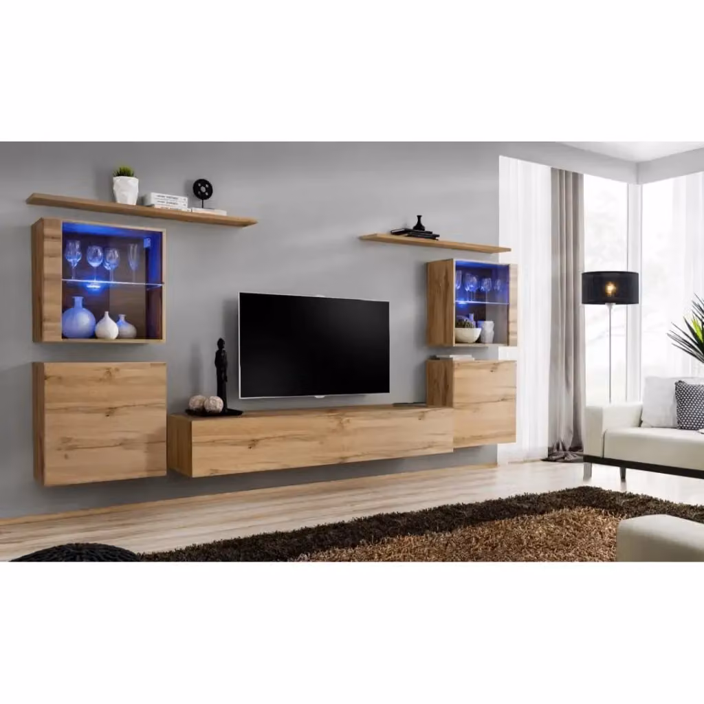 Composizione murale SWITCH XIV Meublorama mobile TV sospeso in rovere Wotan con LED, L: 320 cm, H: 160 cm, P: 40 cm – 2