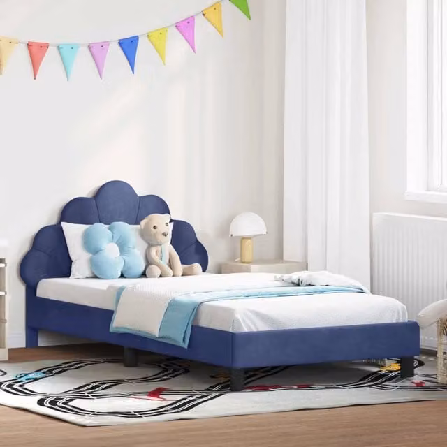 Struttura letto per bambini DESIGN IN in velluto blu con testata e giroletto, L/P/H: 200 x 80 x 90 cm