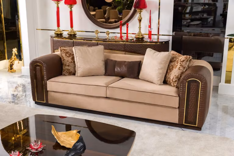 Braun-Beiges Wohnzimmer Sofa Designer Polstercouch 3-Sitzer Sofa