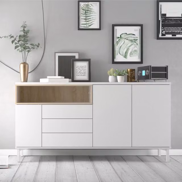 Credenza Julie DMORA, Buffet e Madia per Soggiorno o Cucina, Bianco e Rovere, L: 176 cm, P: 48 cm, H: 90 cm