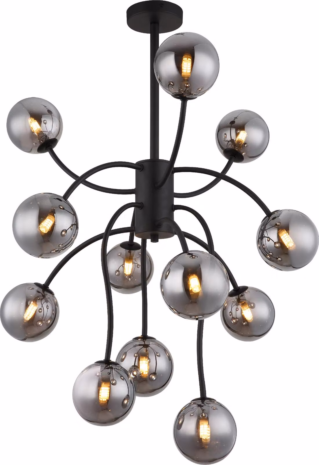 Lampada da soffitto a LED, 12 fiamme, globi di vetro color fumo, H 93 cm