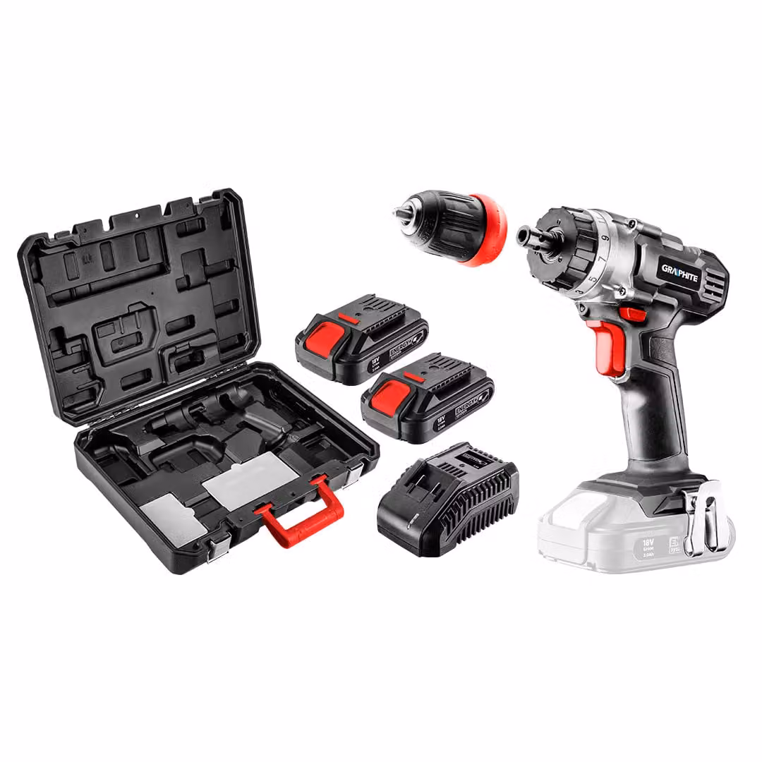 GRAPHITE ENERGY+ SET 18V trapano/avvitatore a batteria, Li-Ion, mandrino, batteria da 2Ah, caricabatterie, valigetta di trasporto (58G022-SET2)