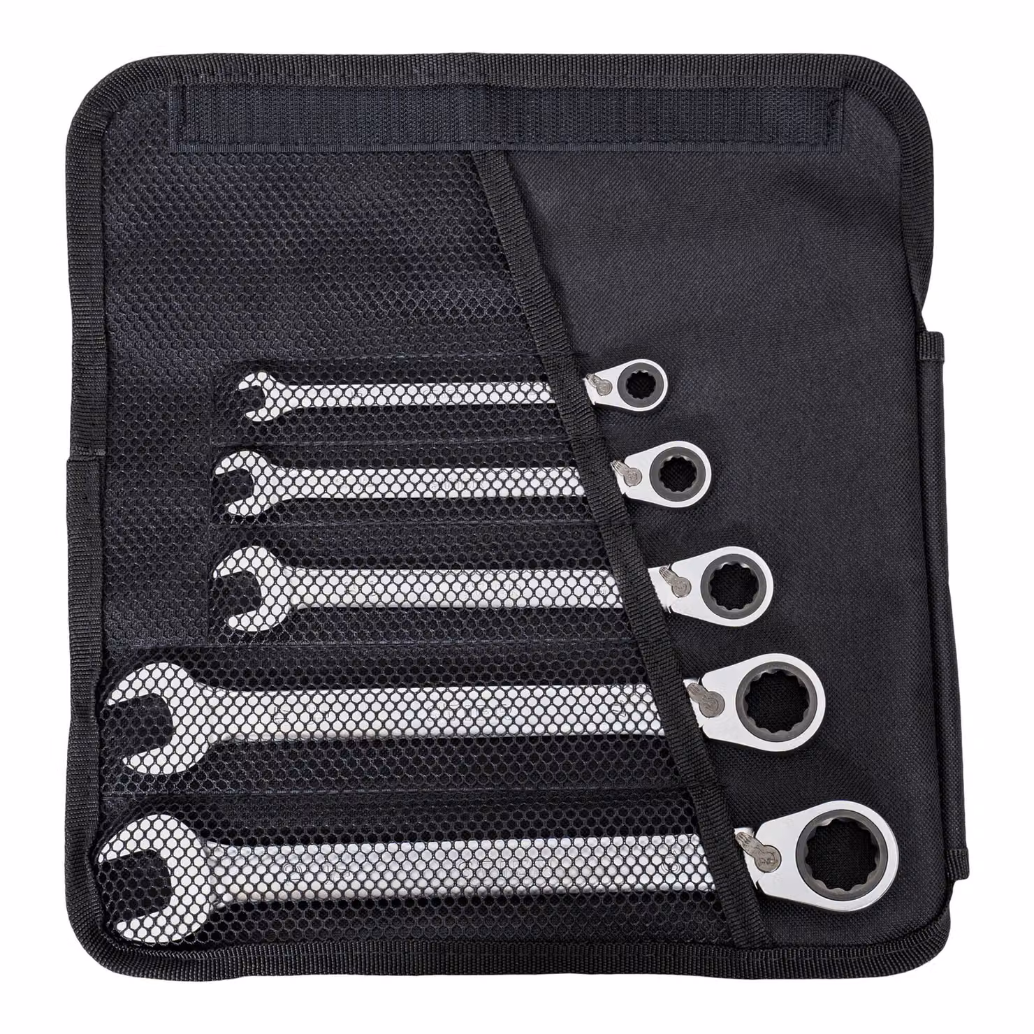 Set di chiavi a cricchetto aperte STIER, set di 5 pezzi, larghezza chiave 8 - 19 mm, funzione reversibile, meccanismo a cricchetto a denti fini, 72 denti, in pratica borsa arrotolabile