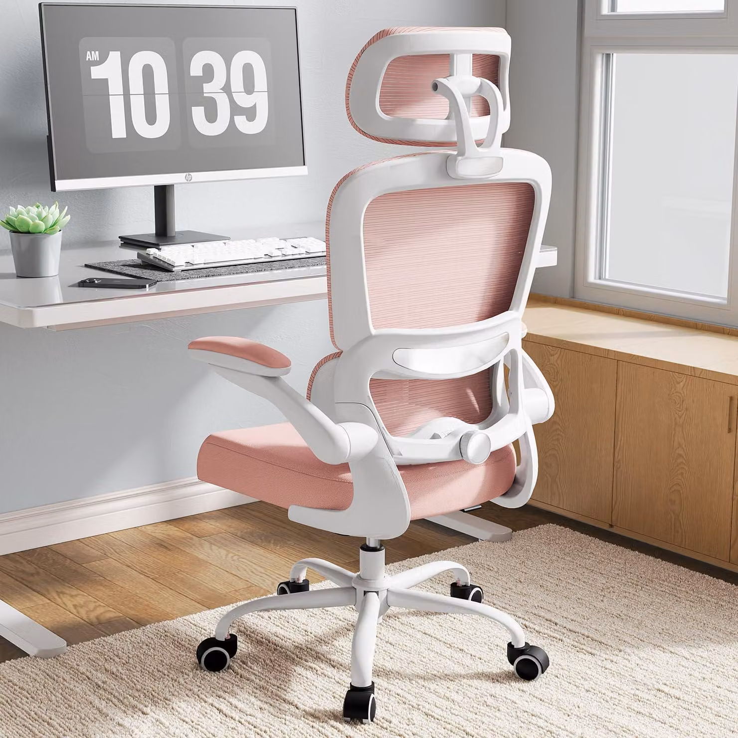 Sedia da ufficio ergonomica, color rosa, con supporto lombare e poggiatesta regolabili, capacità di carico: 150 kg