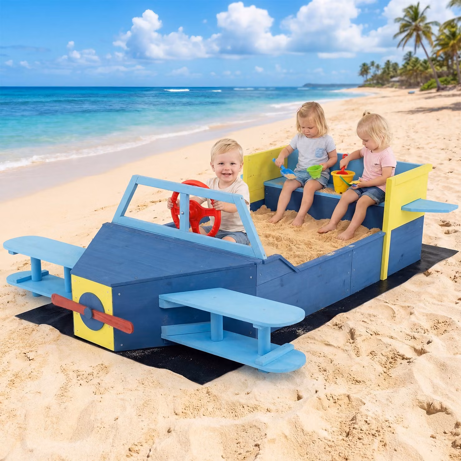 Sabbiera per bambini Costway in legno blu a forma di aliante con panca, elica e timone