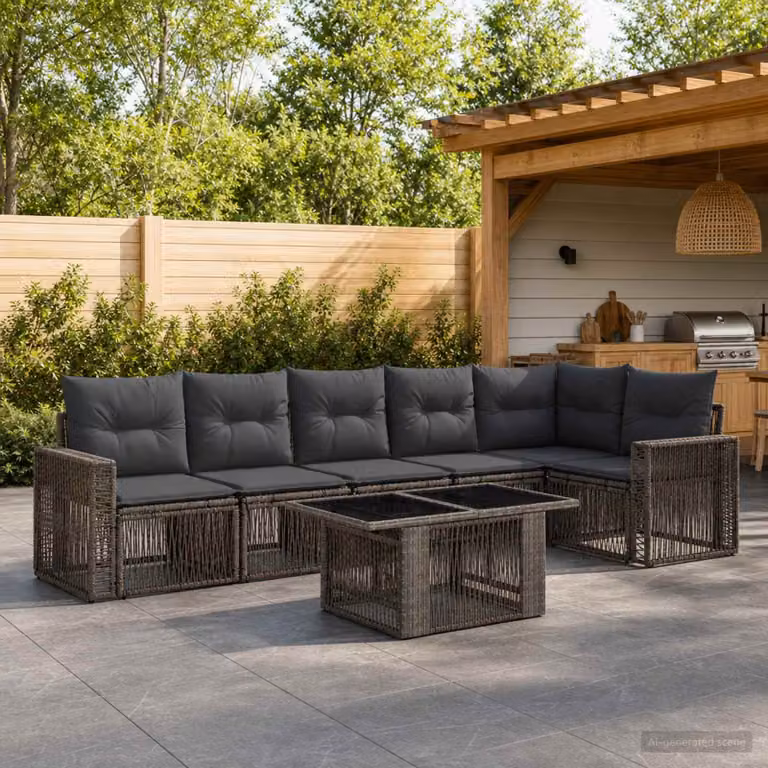 Set Divano da Giardino vidaXL 7 Pezzi a Forma di L con Tavolino, Colore Antracite e Grigio, Struttura in Acciaio Verniciato a Polvere e Cuscini Inclusi