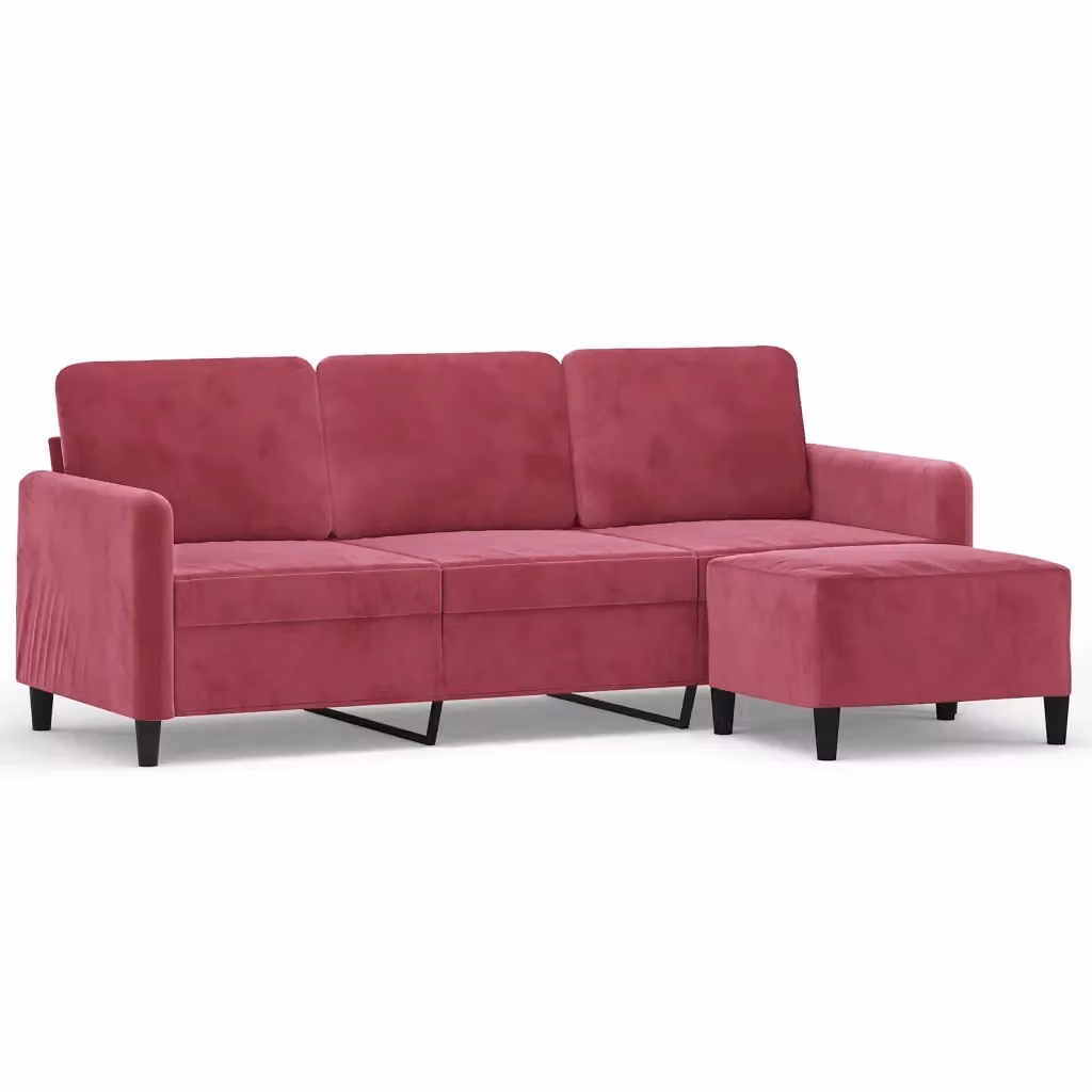 vidaXL Divano a 3 Posti con Poggiapiedi Coordinato in Velluto Rosso, Design Moderno per Soggiorno – 2