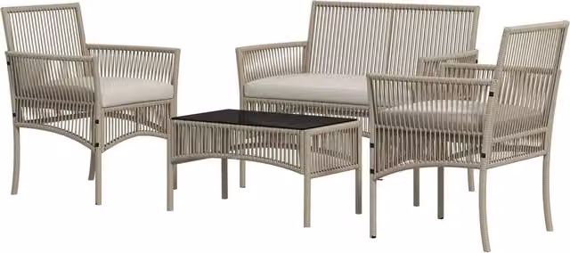 Set Salotto da Giardino in Rattan sintetico Tavolino 2 Poltrone con Divano con Cuscini Cachi