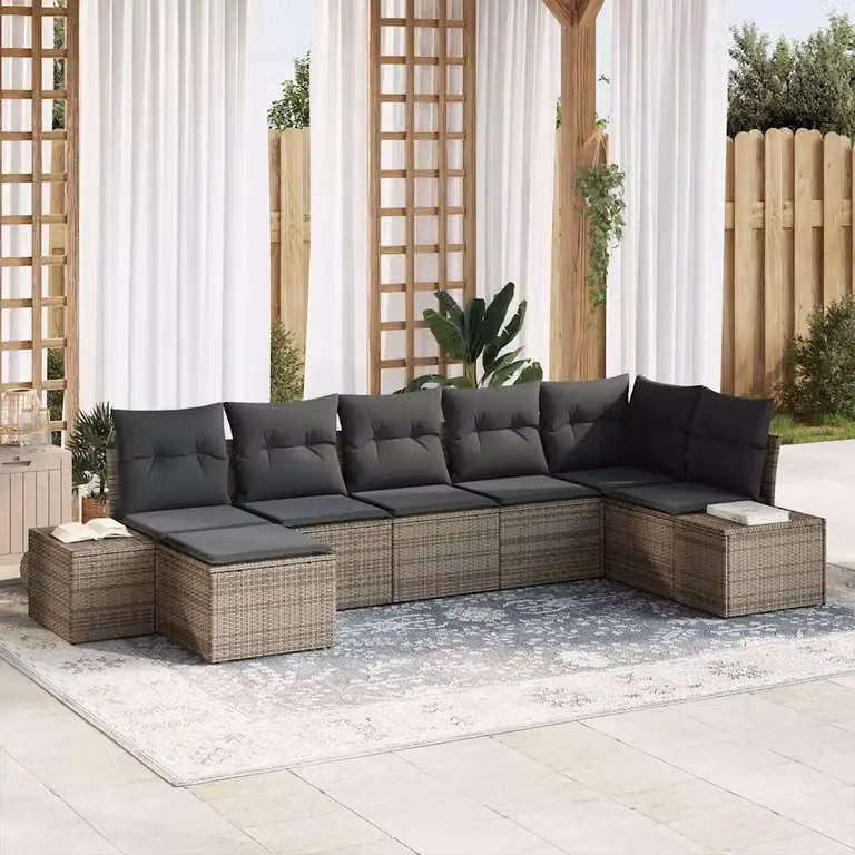 Set Divano da Giardino vidaXL 7 Pezzi in Polyrattan Grigio con Cuscini e Tavolino