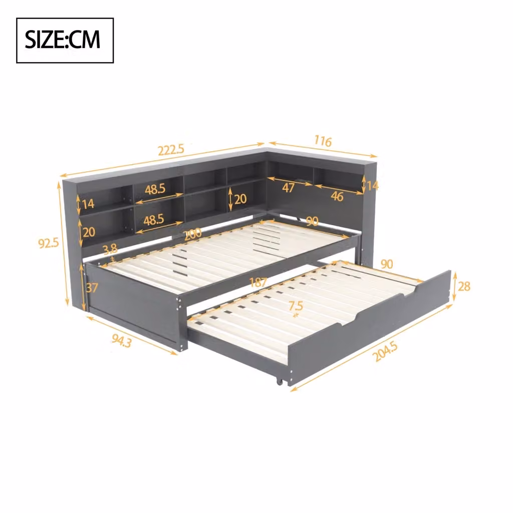 Divano letto REDOM in legno e tessuto grigio con porta USB e vani contenitore L/P/H: 222.5 x 90 x 116 cm – 2