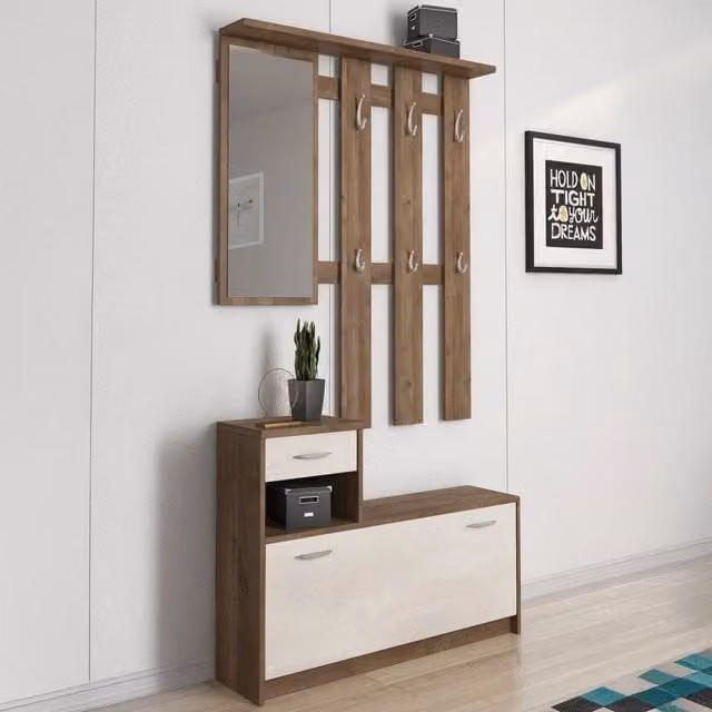 Mobile da ingresso moderno DMORA con specchio e scarpiera, Bianco e Quercia, L: 100 cm, P: 25,5 cm, H: 190 cm – 1