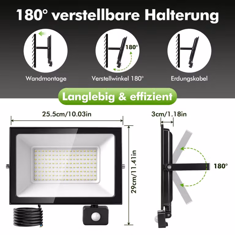 Fari a LED – Proiettori esterni – 150 W – Confezione da 2 – Sensore di movimento – 6500 K (bianco freddo) – Impermeabili – Ideali per giardino e terrazza