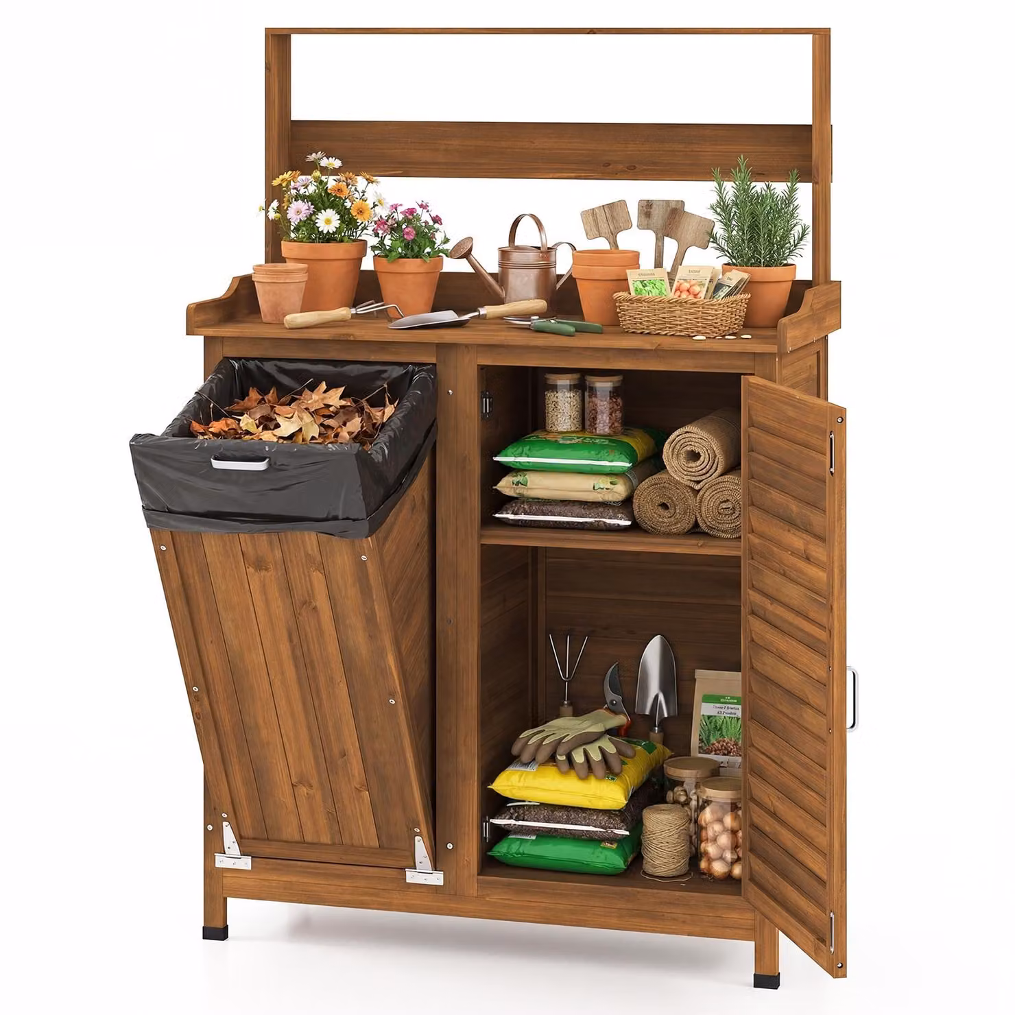 COSTWAY Tavolo da giardinaggio per esterni resistente alle intemperie, tavolo da giardinaggio in legno, tavolo da fiori con mobile base, pattumiera e ripiano regolabile, 102x43,5x152 cm, naturale
