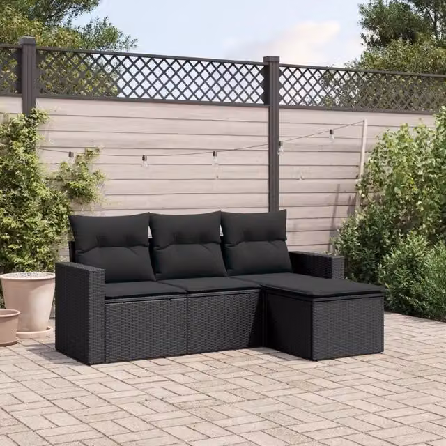 Salotto da Giardino-Set Divani da Giardino 4 pz con Cuscini Nero in Polyrattan 679655