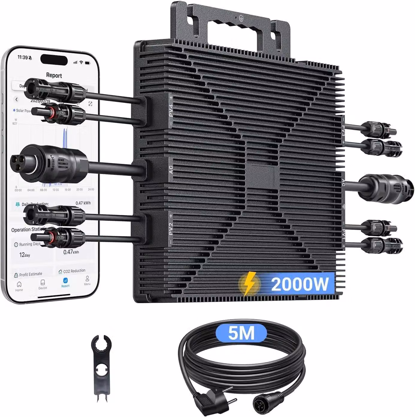 Inverter ibrido - 2000W, Wi-Fi, Bluetooth - 4 ingressi MPPT - Iniezione in rete 230V - Adatto per impianti fotovoltaici da balcone e impianti solari - Monitoraggio tramite Wi-Fi/Bluetooth - Grado di protezione IP67