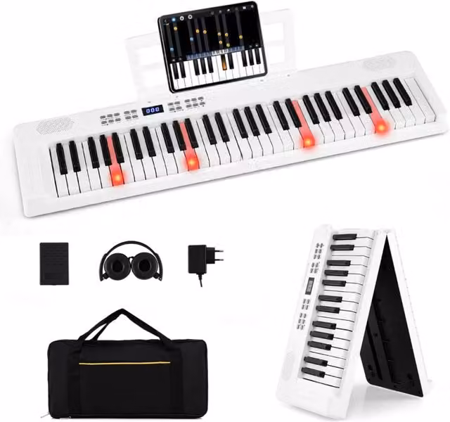 Pianoforte pieghevole per bambini con registrazione e MIDI, design moderno in bianco, L 94 cm x P 22 cm x H 6 cm